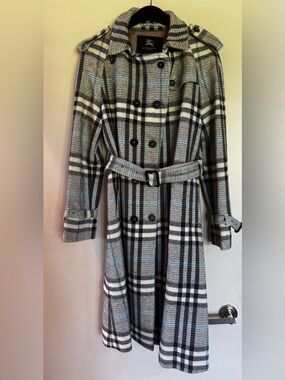 Burberry Black White Gray Plaid Trench Coat with Light Blue Accents